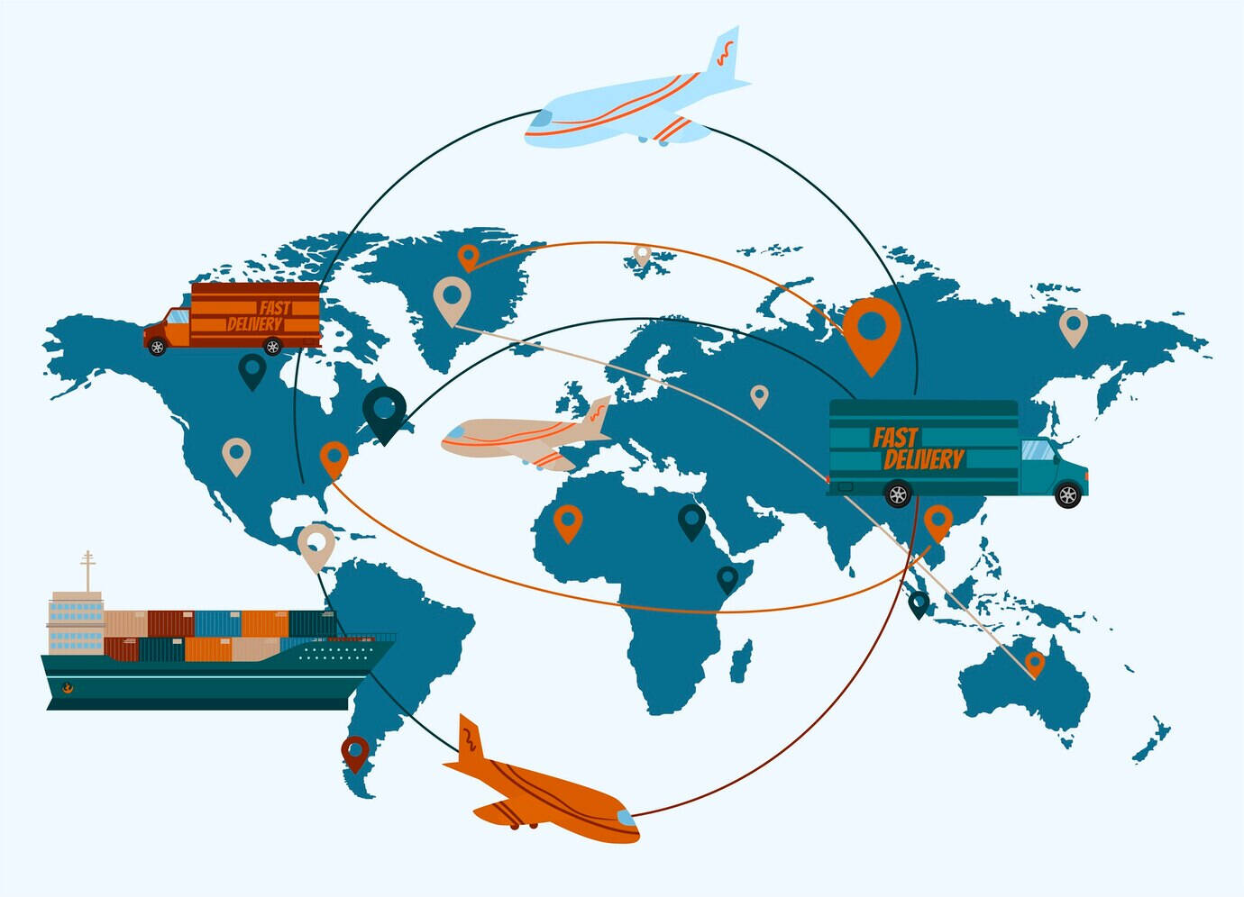 Illustration of a global map with arrows and location pins all over, depicting a visual description of supply chains